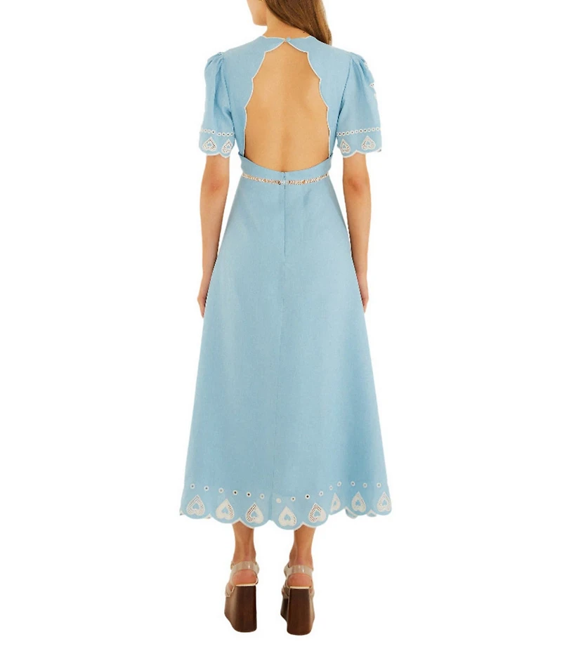 Farm Rio Floral Embroidery Linen Round Neck Short Sleeve Open Back Midi Dress