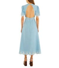 Farm Rio Floral Embroidery Linen Round Neck Short Sleeve Open Back Midi Dress