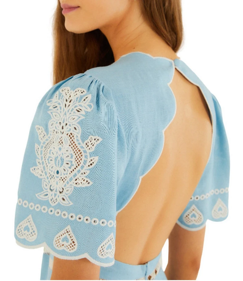 Farm Rio Floral Embroidery Linen Round Neck Short Sleeve Open Back Midi Dress