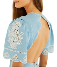 Farm Rio Floral Embroidery Linen Round Neck Short Sleeve Open Back Midi Dress