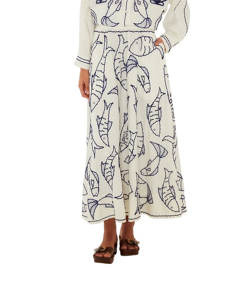 Farm Rio Fresh Fish Linen Blend Pull-On Midi Skirt