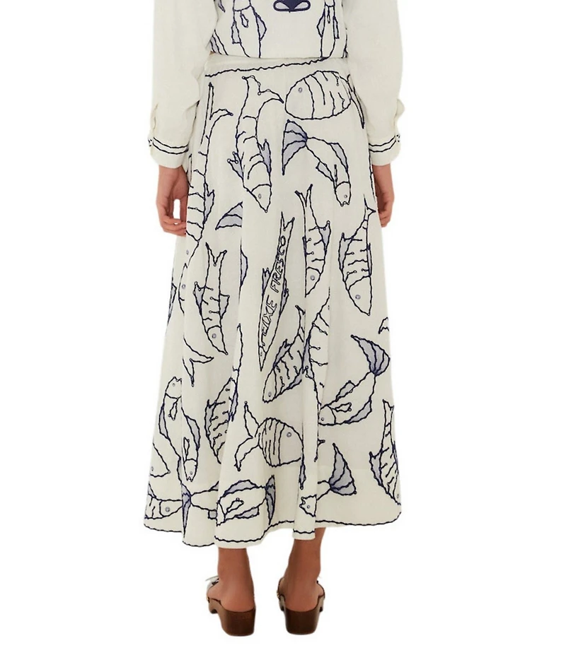 Farm Rio Fresh Fish Linen Blend Pull-On Midi Skirt
