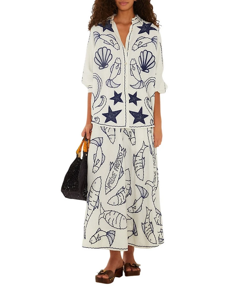 Farm Rio Fresh Fish Linen Blend Pull-On Midi Skirt