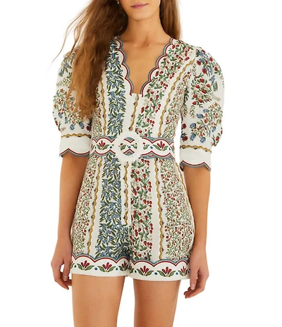 Farm Rio Fruit Beauty V-Neck Short Sleeve Off-White Mini Cutout Romper