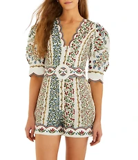 Farm Rio Fruit Beauty V-Neck Short Sleeve Off-White Mini Cutout Romper
