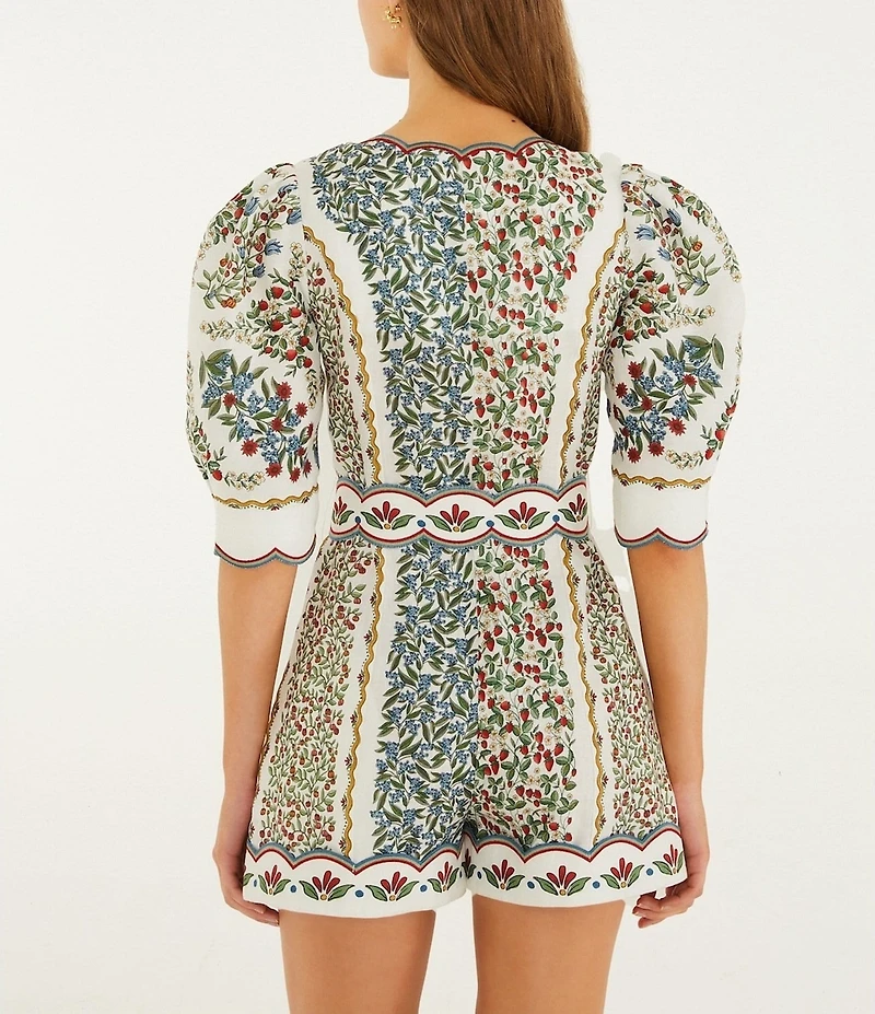 Farm Rio Fruit Beauty V-Neck Short Sleeve Off-White Mini Cutout Romper