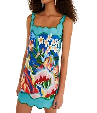 Farm Rio Garden Of Life Scarf Square Neck Sleeveless Scallop Hem Mini Dress
