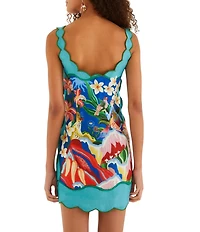 Farm Rio Garden Of Life Scarf Square Neck Sleeveless Scallop Hem Mini Dress