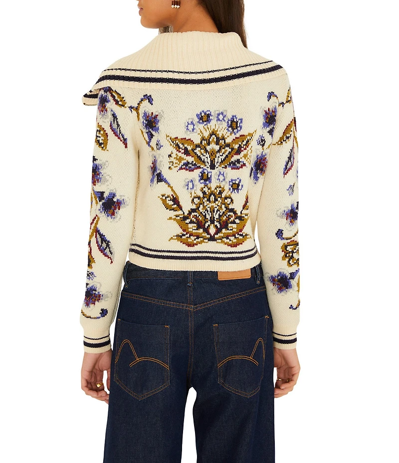 Farm Rio Golden Nature Collared Long Sleeve Zip-Front Knit Cardigan