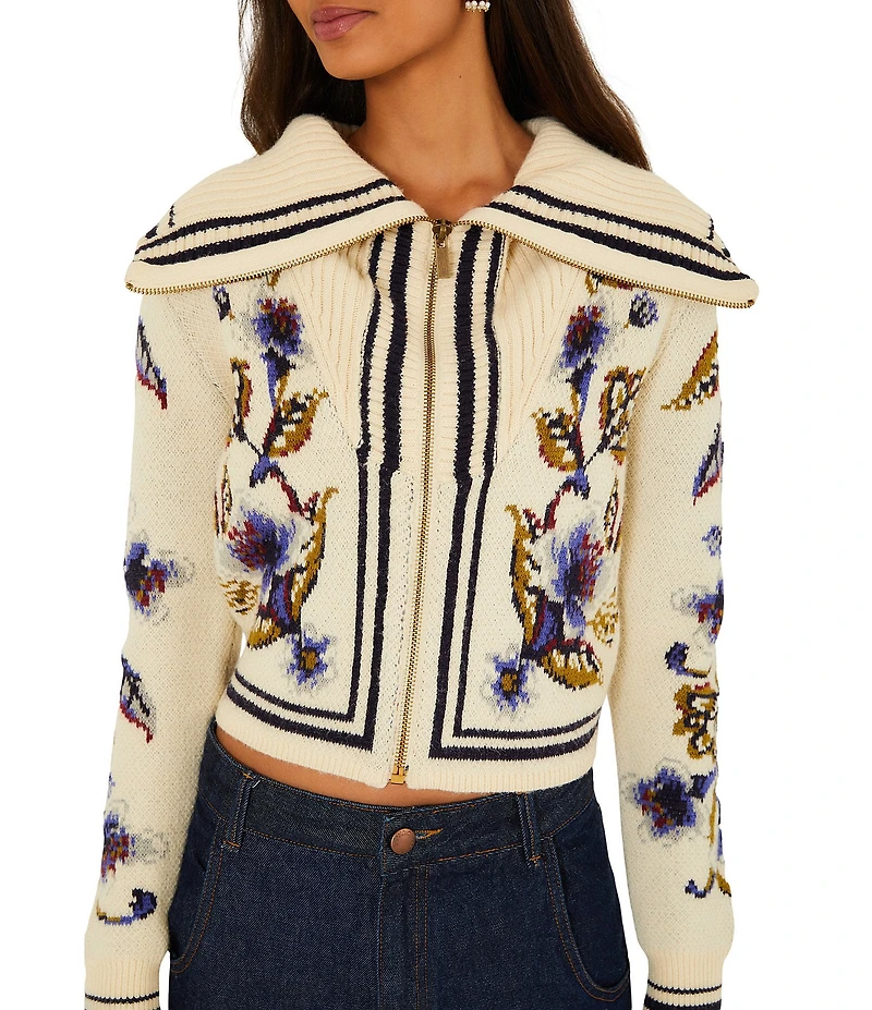 Farm Rio Golden Nature Collared Long Sleeve Zip-Front Knit Cardigan