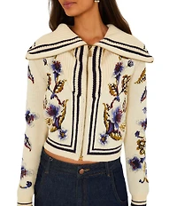 Farm Rio Golden Nature Collared Long Sleeve Zip-Front Knit Cardigan