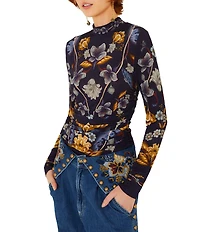 Farm Rio Golden Nature Printed Mock Neck Long Sleeve Ruched Top