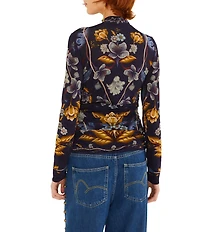 Farm Rio Golden Nature Printed Mock Neck Long Sleeve Ruched Top