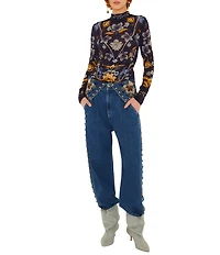 Farm Rio Golden Nature Printed Mock Neck Long Sleeve Ruched Top