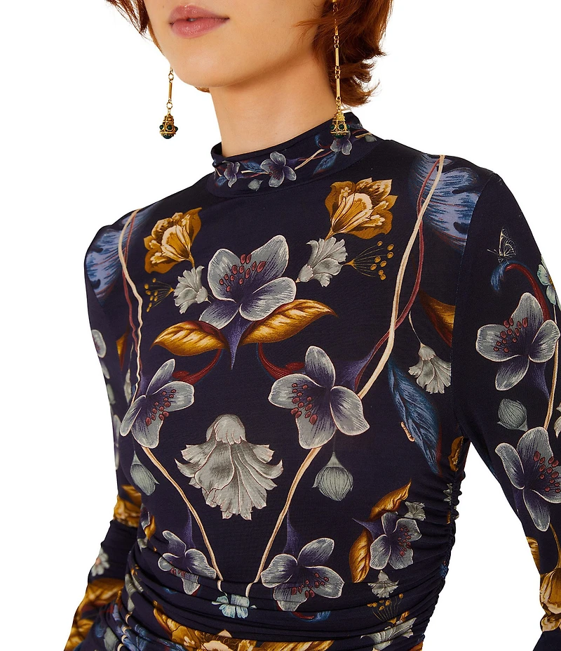 Farm Rio Golden Nature Printed Mock Neck Long Sleeve Ruched Top