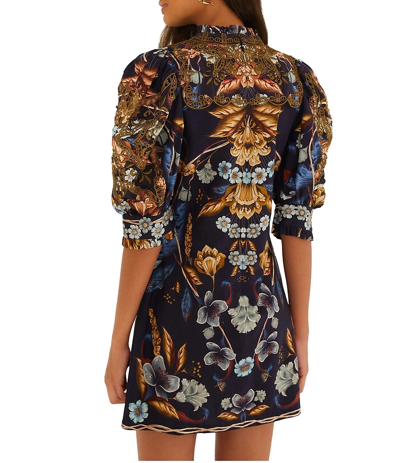 Farm Rio Golden Nature Printed Mock Neck Short Sleeve Mini Sheath Dress