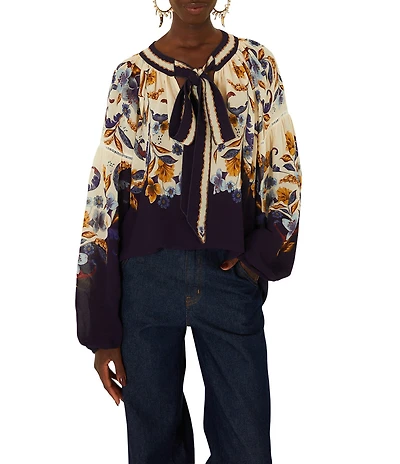 Farm Rio Golden Nature Printed Tie Neck Long Sleeve Top