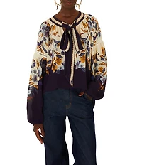 Farm Rio Golden Nature Printed Tie Neck Long Sleeve Top