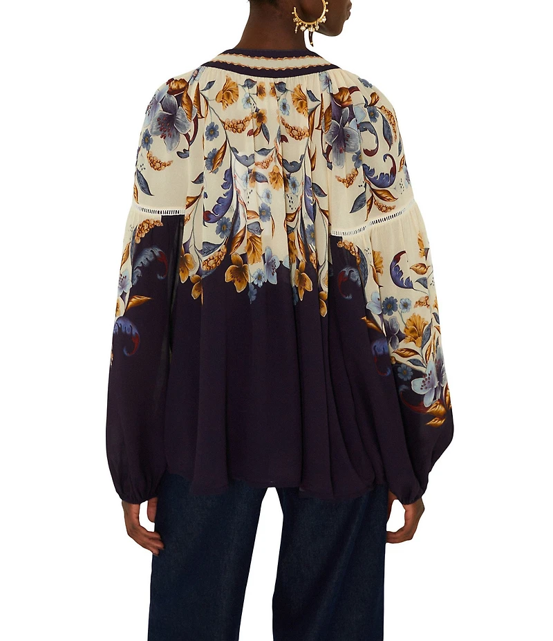 Farm Rio Golden Nature Printed Tie Neck Long Sleeve Top