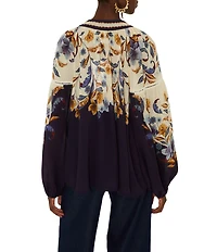Farm Rio Golden Nature Printed Tie Neck Long Sleeve Top