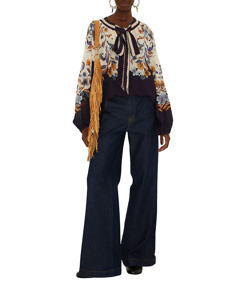 Farm Rio Golden Nature Printed Tie Neck Long Sleeve Top