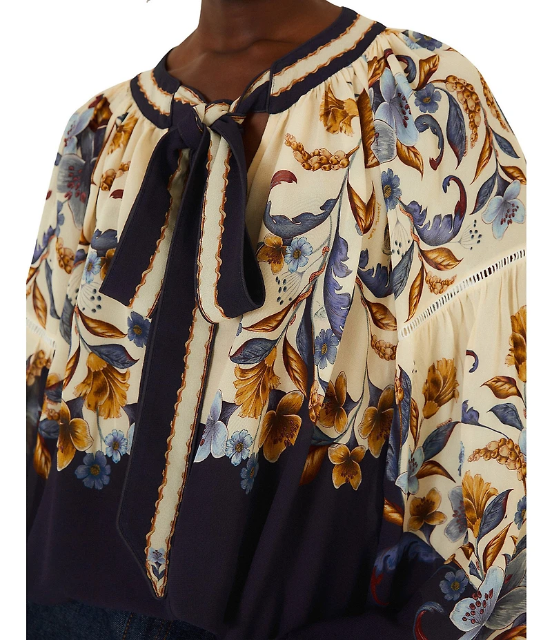 Farm Rio Golden Nature Printed Tie Neck Long Sleeve Top