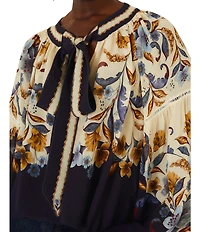 Farm Rio Golden Nature Printed Tie Neck Long Sleeve Top