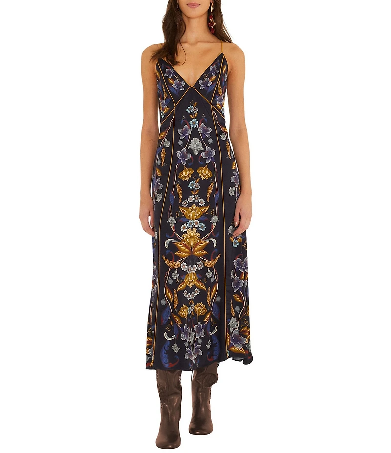 Farm Rio Golden Nature Printed V-Neck Sleeveless Maxi Slip Dress