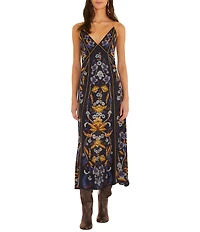 Farm Rio Golden Nature Printed V-Neck Sleeveless Maxi Slip Dress