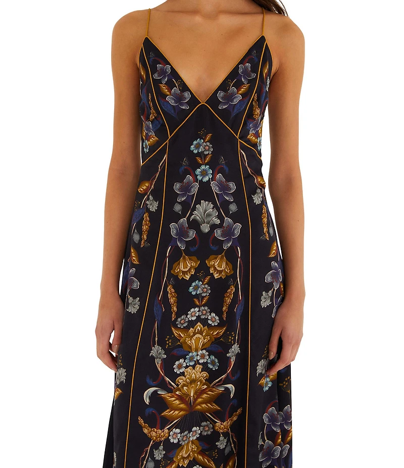 Farm Rio Golden Nature Printed V-Neck Sleeveless Maxi Slip Dress