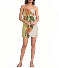 Farm Rio Golden Yellow Tropical Anthurium Square Neck Sleeveless Linen Mini Dress