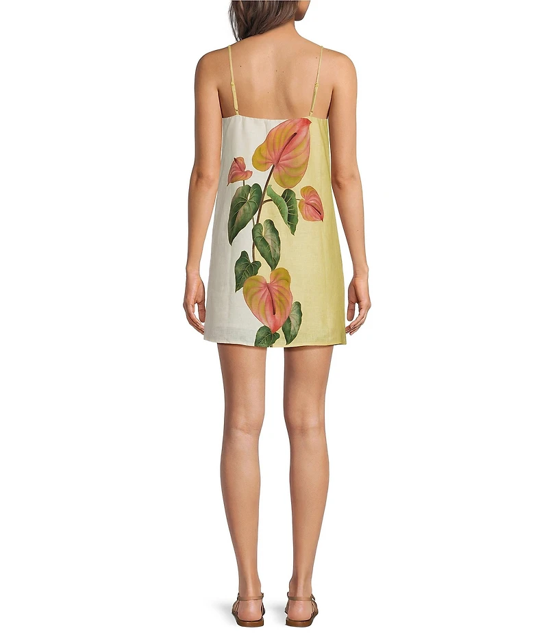 Farm Rio Golden Yellow Tropical Anthurium Square Neck Sleeveless Linen Mini Dress