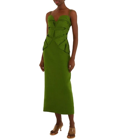 Farm Rio Green Monstera Leaf Sleeveless Linen Midi Dress