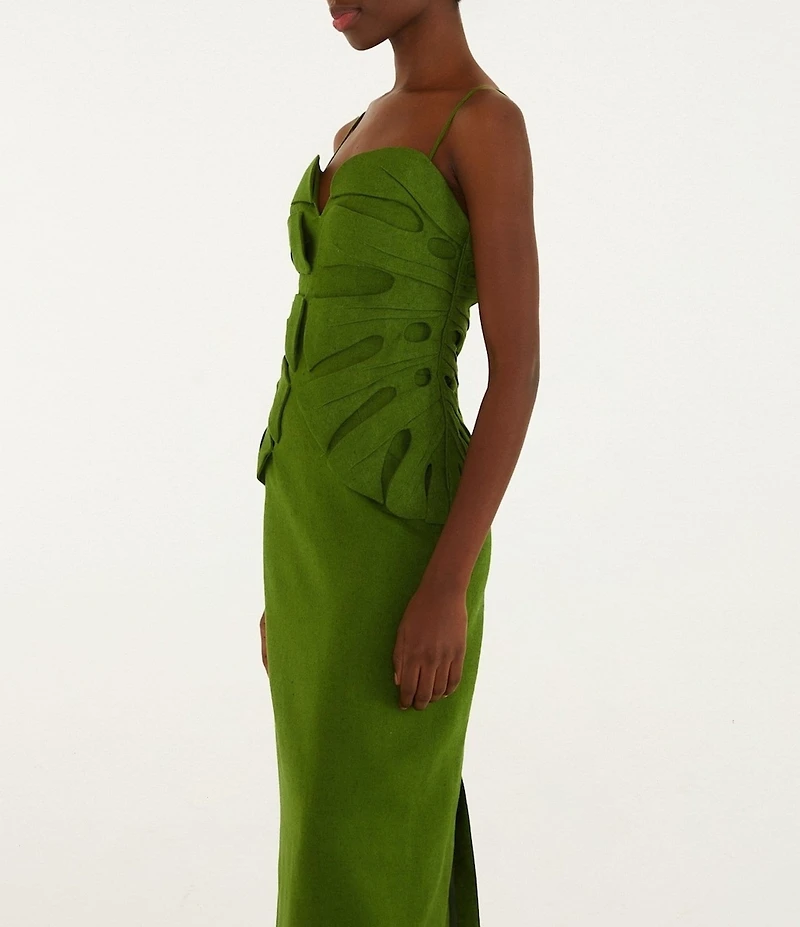 Farm Rio Green Monstera Leaf Sleeveless Linen Midi Dress