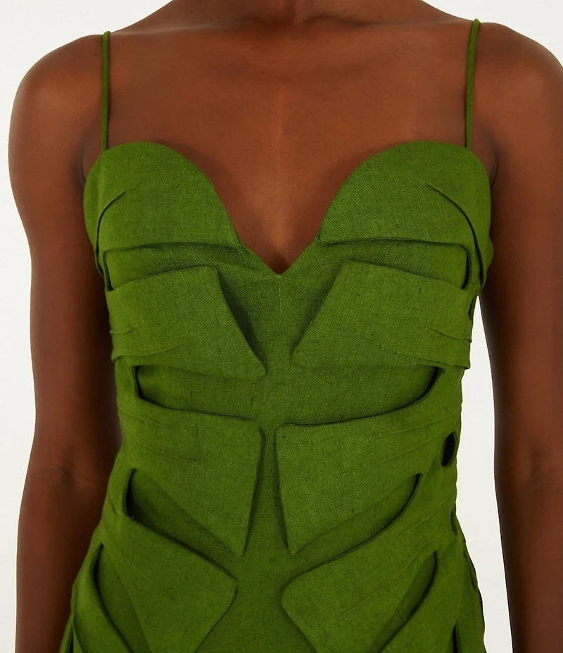 Farm Rio Green Monstera Leaf Sleeveless Linen Midi Dress