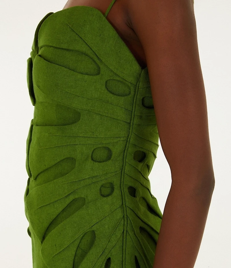 Farm Rio Green Monstera Leaf Sleeveless Linen Midi Dress