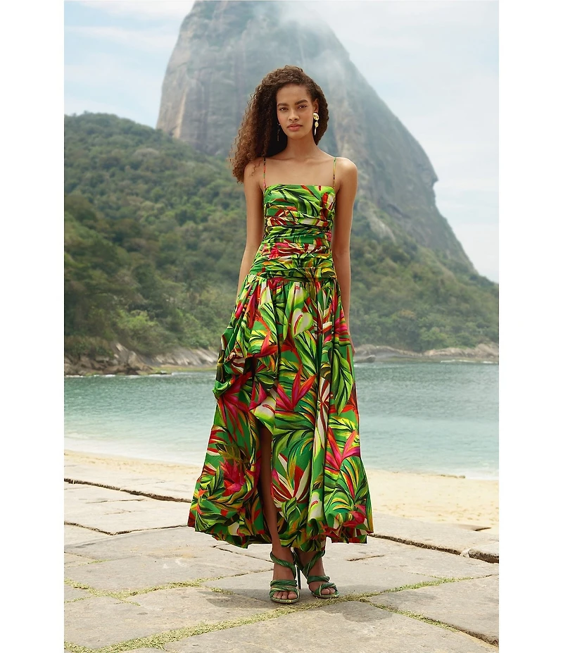 Farm Rio Green Tropical Dream Square Neck Sleeveless Draped Midi Dress