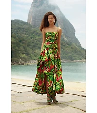 Farm Rio Green Tropical Dream Square Neck Sleeveless Draped Midi Dress