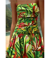 Farm Rio Green Tropical Dream Square Neck Sleeveless Draped Midi Dress