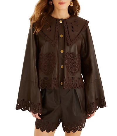 Farm Rio Hearts Richilieu Embroidered Dark Brown Collared Long Sleeve Leather Jacket
