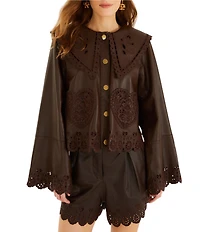 Farm Rio Hearts Richilieu Embroidered Dark Brown Collared Long Sleeve Leather Jacket
