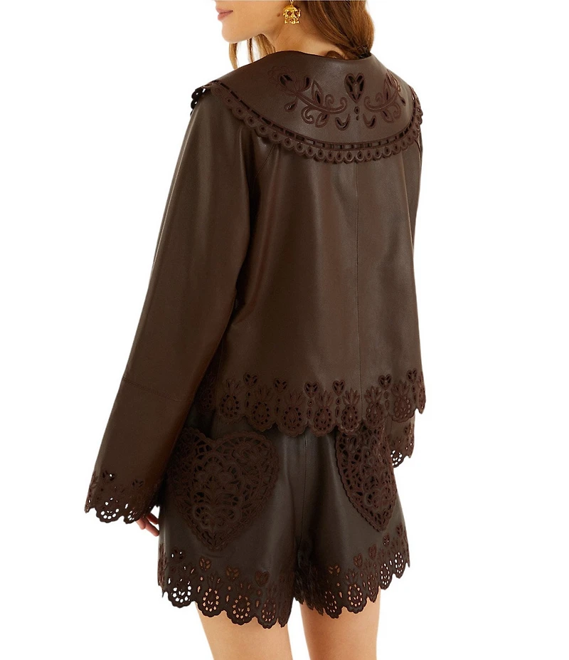 Farm Rio Hearts Richilieu Embroidered Dark Brown Collared Long Sleeve Leather Jacket