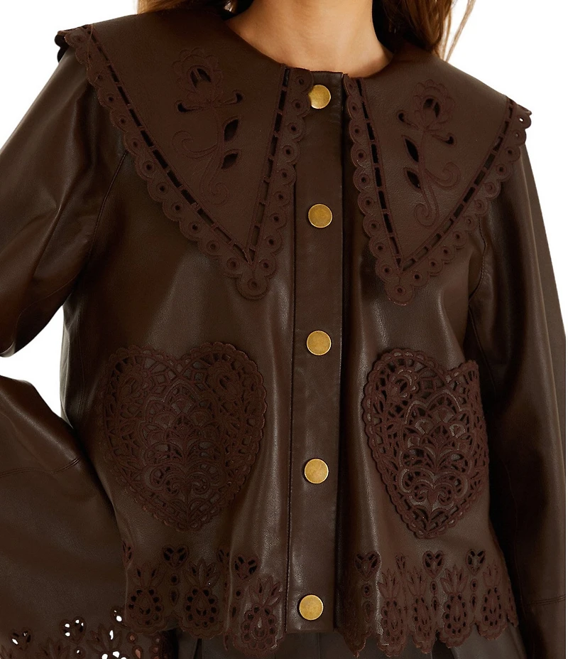 Farm Rio Hearts Richilieu Embroidered Dark Brown Collared Long Sleeve Leather Jacket