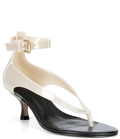Farm Rio Vinyl Colorblock Ankle Wrap Thong Kitten Heel Sandals