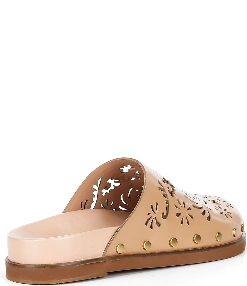 FARM Rio Lace Leather Anatomical Footbed Laser Cut Studded Mules