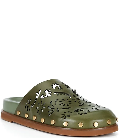 FARM Rio Lace Leather Anatomical Footbed Laser Cut Studded Mules