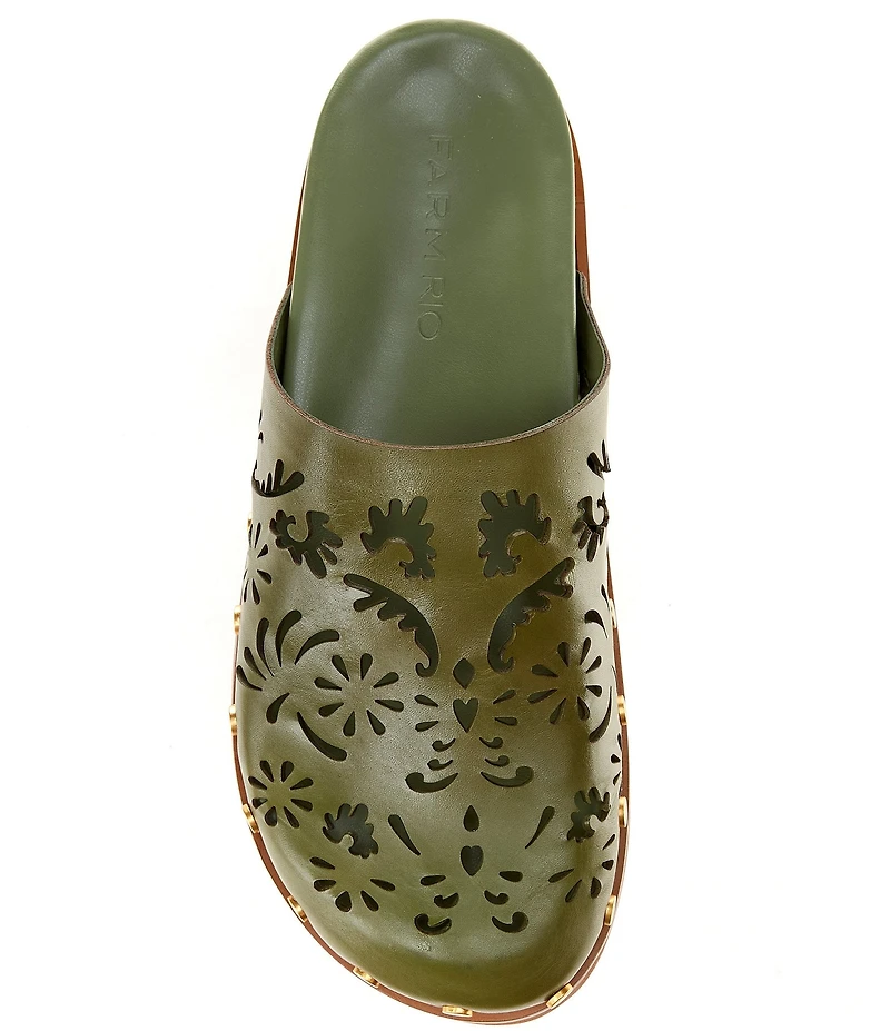 FARM Rio Lace Leather Anatomical Footbed Laser Cut Studded Mules