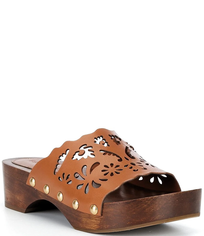 FARM Rio Lace Leather Laser Cut Studded Wood Clog Slides