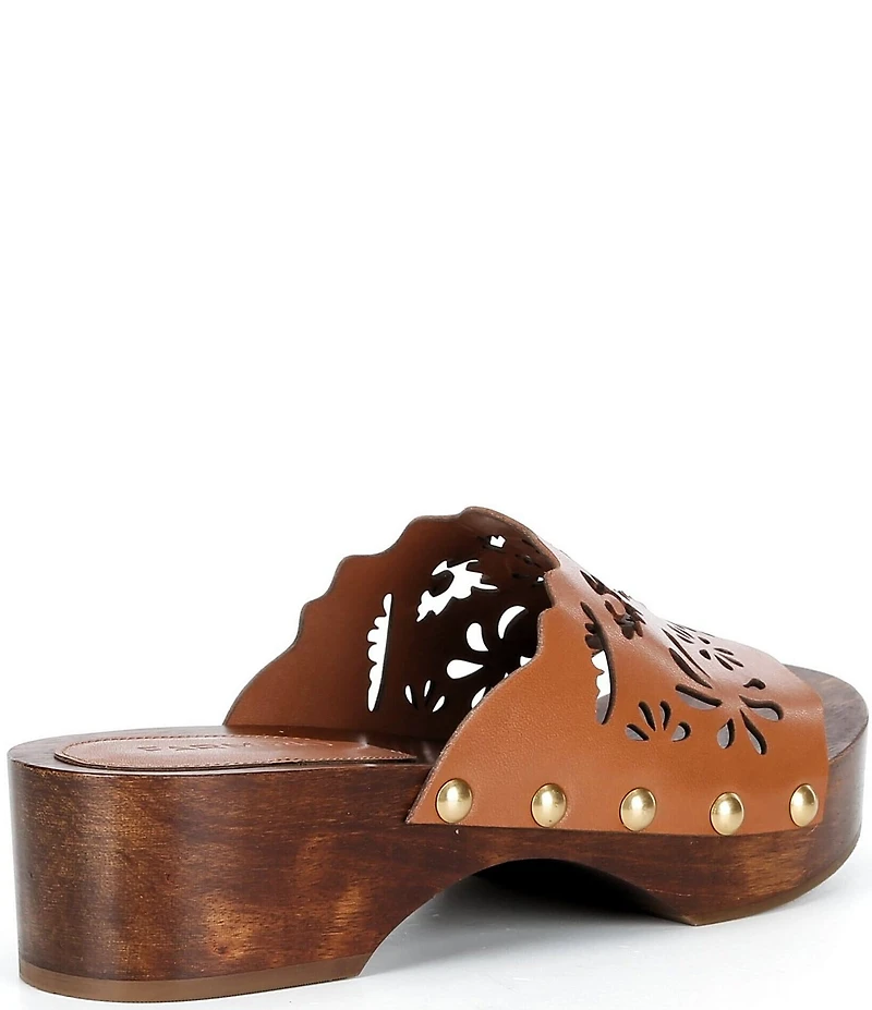 FARM Rio Lace Leather Laser Cut Studded Wood Clog Slides