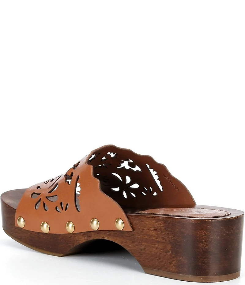 FARM Rio Lace Leather Laser Cut Studded Wood Clog Slides